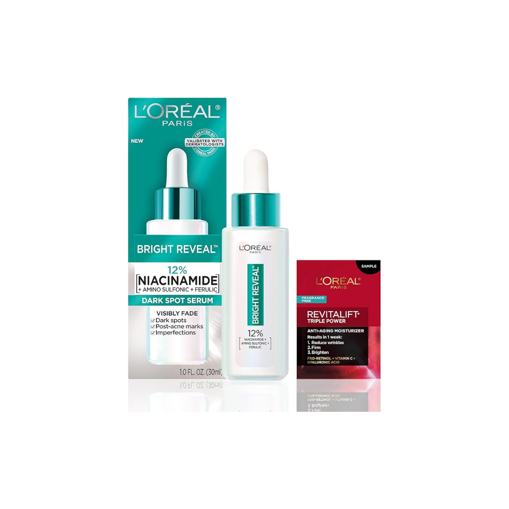 L’Oréal Paris Bright Reveal 12% [Niacinamide + Amino Sulfonic + Ferulic] Dark Spot Serum 30mL + Moisturizer Sample